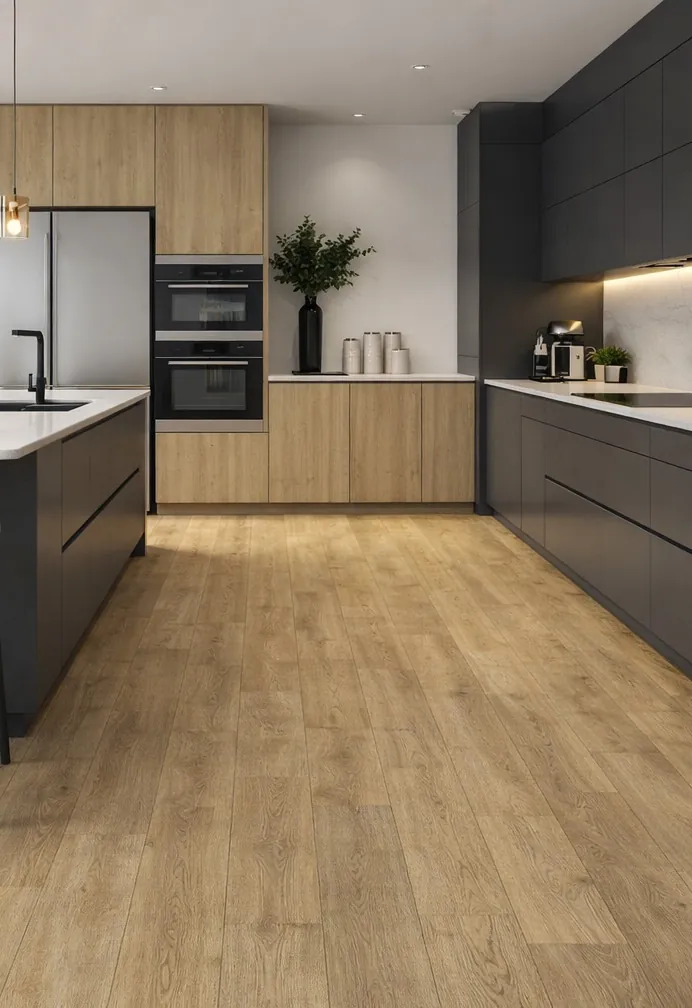 Cozinha planejada com piso vinílico claro