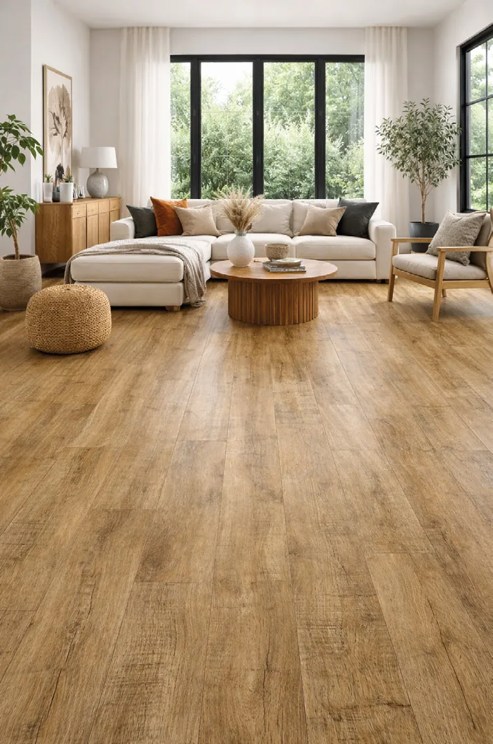 Sala de estar com piso vinílico amadeirado
